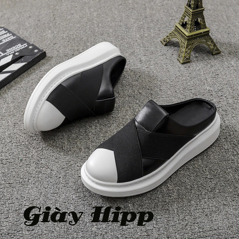 Giày sục nữ độn đế chun chéo vá trắng cực bền