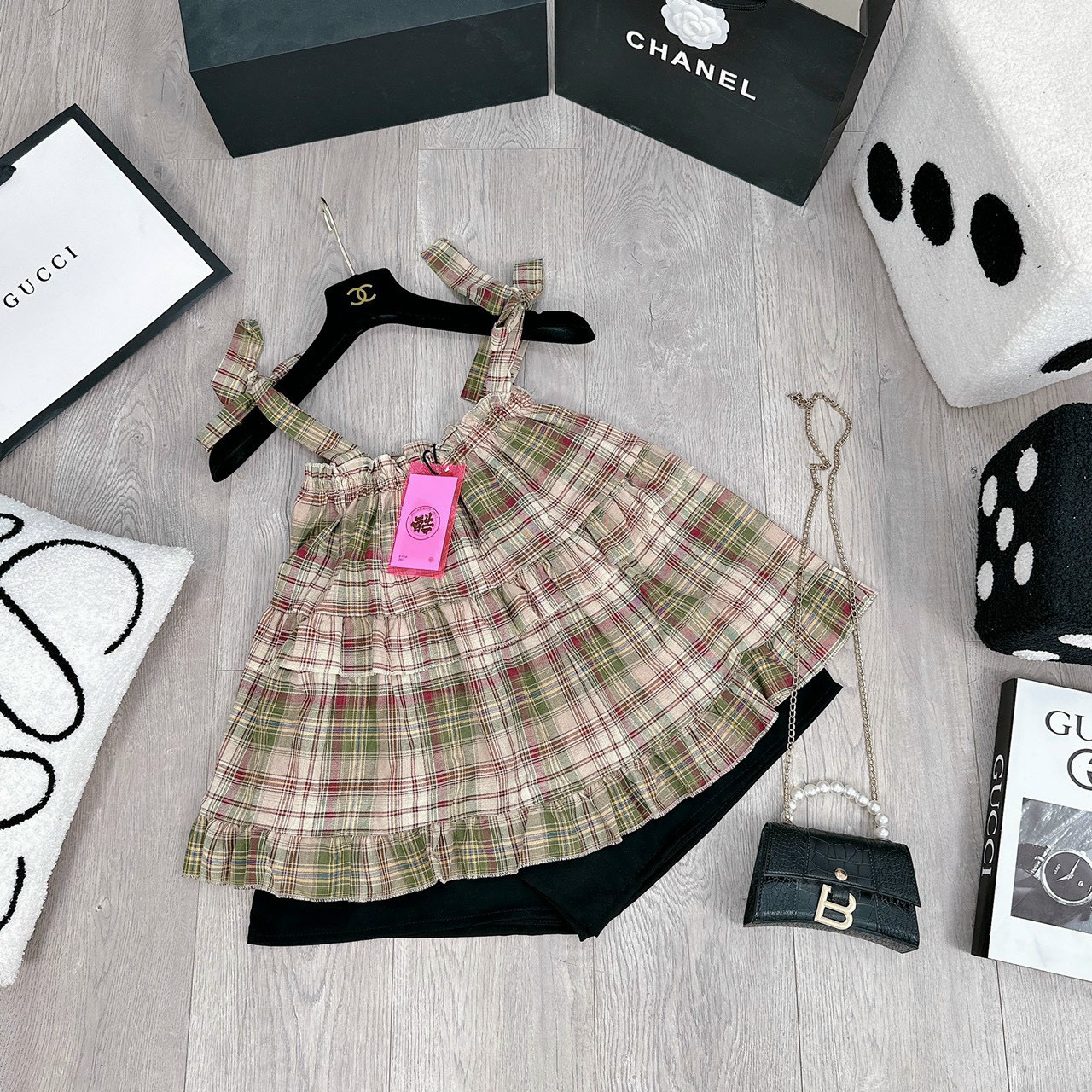 Hottrend checked plaid tank top 2 piece set babydoll shorts elastic waist camo tee shorts