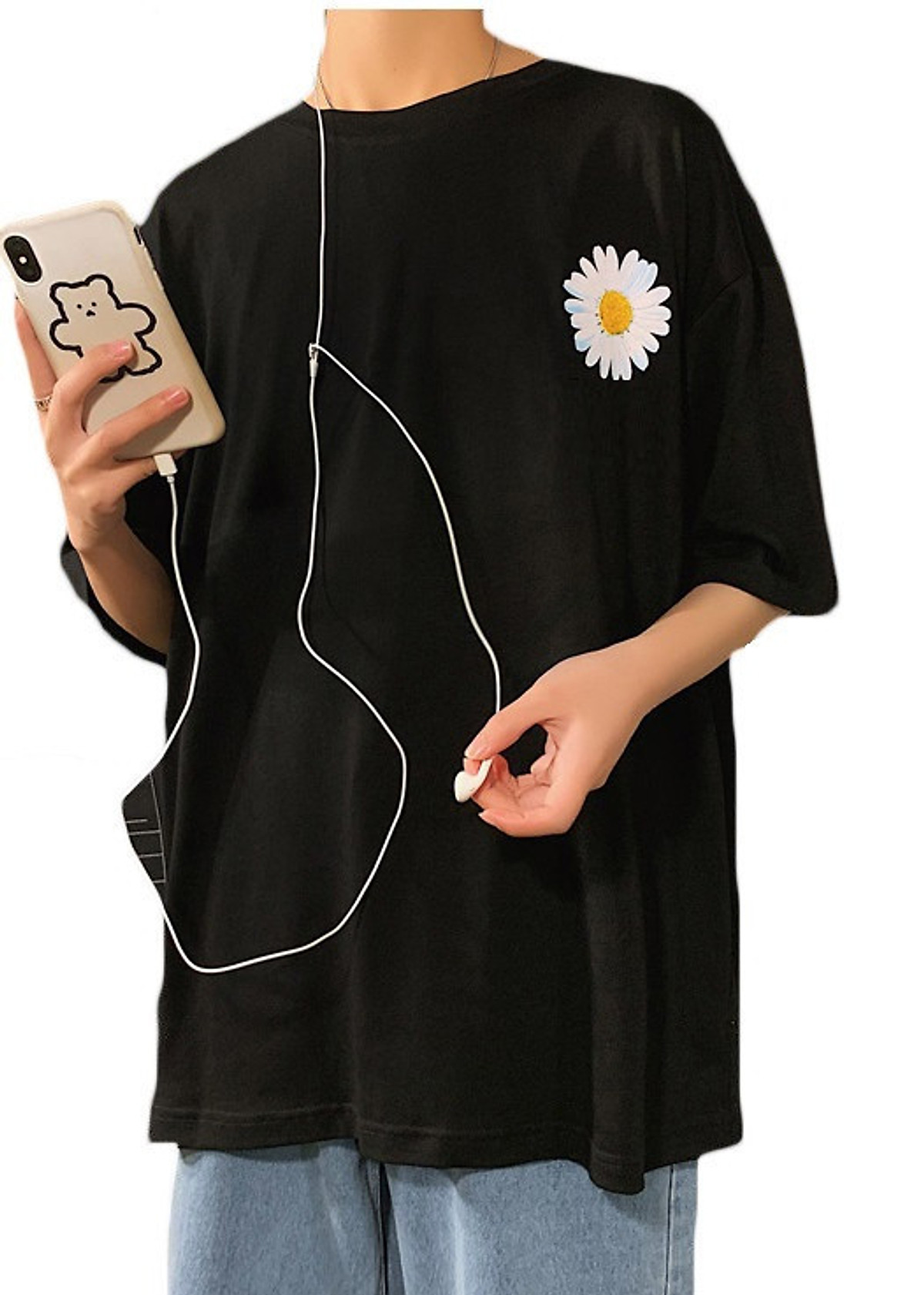 Áo thun nữ tay lỡ form rộng thêu hoa cúc, chất liệu thun cotton mềm mát không xù không bai