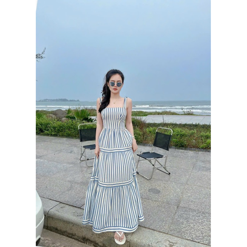 Đầm maxi kẻ sọc 2 dây cột nơ vai