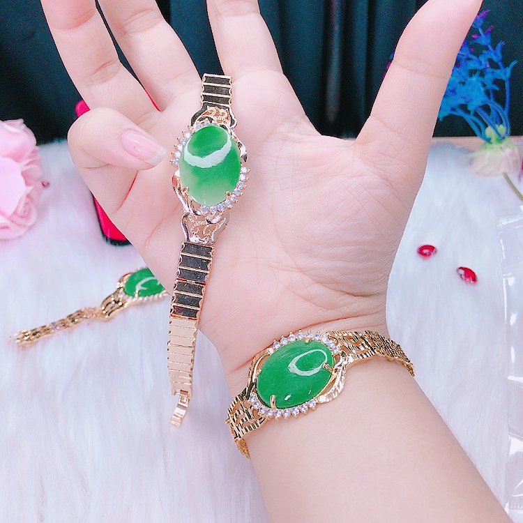 Lắc tay nữ mạ vàng tây, lắc tay mạ vàng cao cấp đá ovan thạch xanh ngọc đính đá pha lê trắng sáng lấp lánh thiết kế sang trọng quý phái 75R