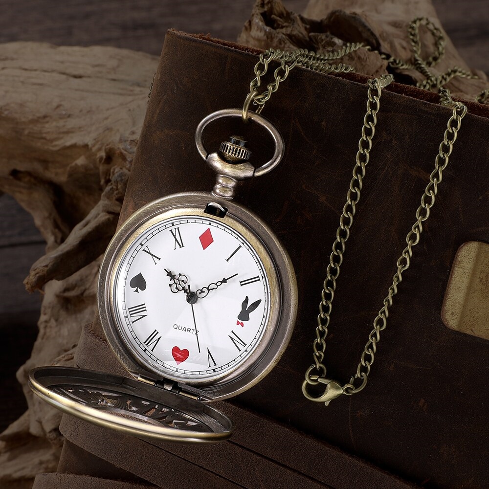 Hot New Bronze Quartz Pocket Watch Retro Alice Theme Pocket Fob Watch Pendant Necklace Pocket Watch Men Womens Gift