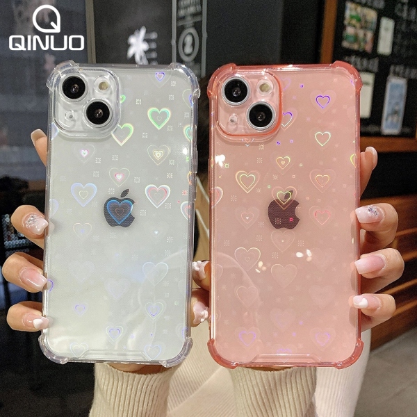 Luxury Reflective Holographic Love Heart Case For iPhone 13 12 11 Pro Max Mini XS X XR 7 8 Plus SE 2020 Soft Clear Buffer Cover