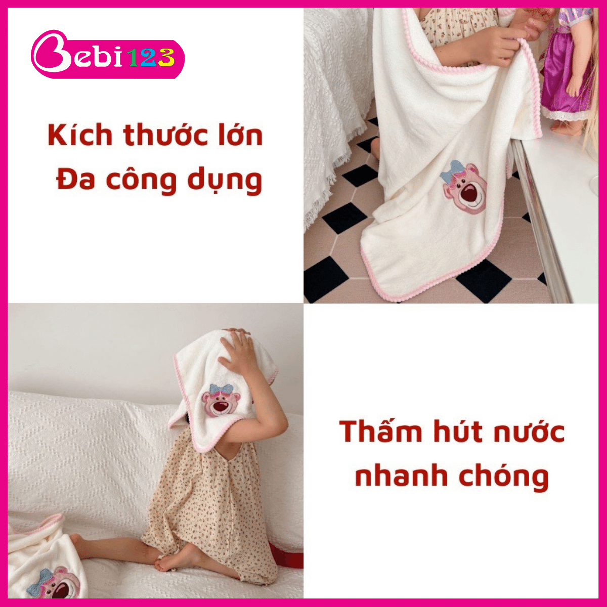 Set 2 khăn tắm Gấu Dâu Lotso siêu cute cho bé