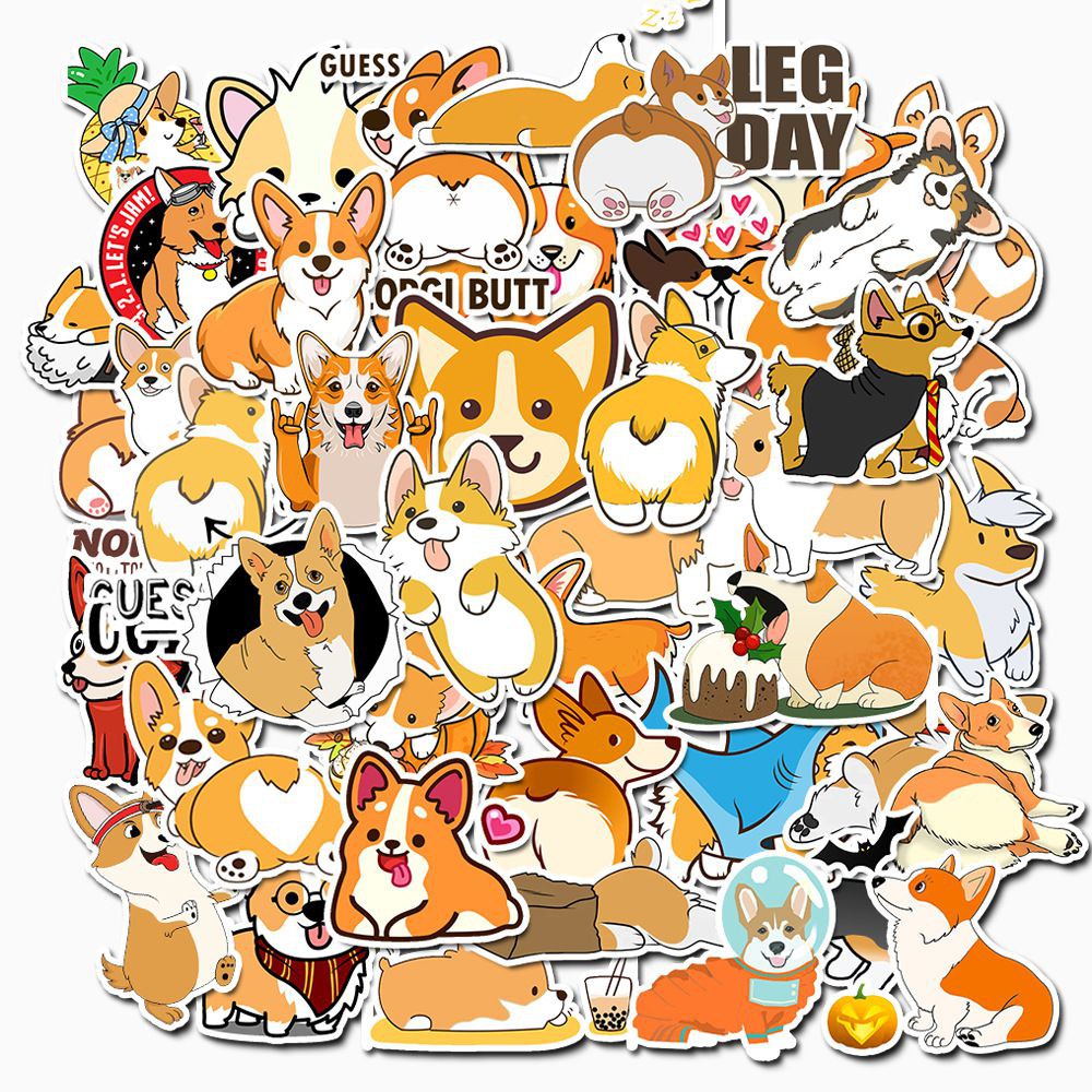 sticker chó corgi dễ thương set 30 đến 60 hình dán có ép lụa