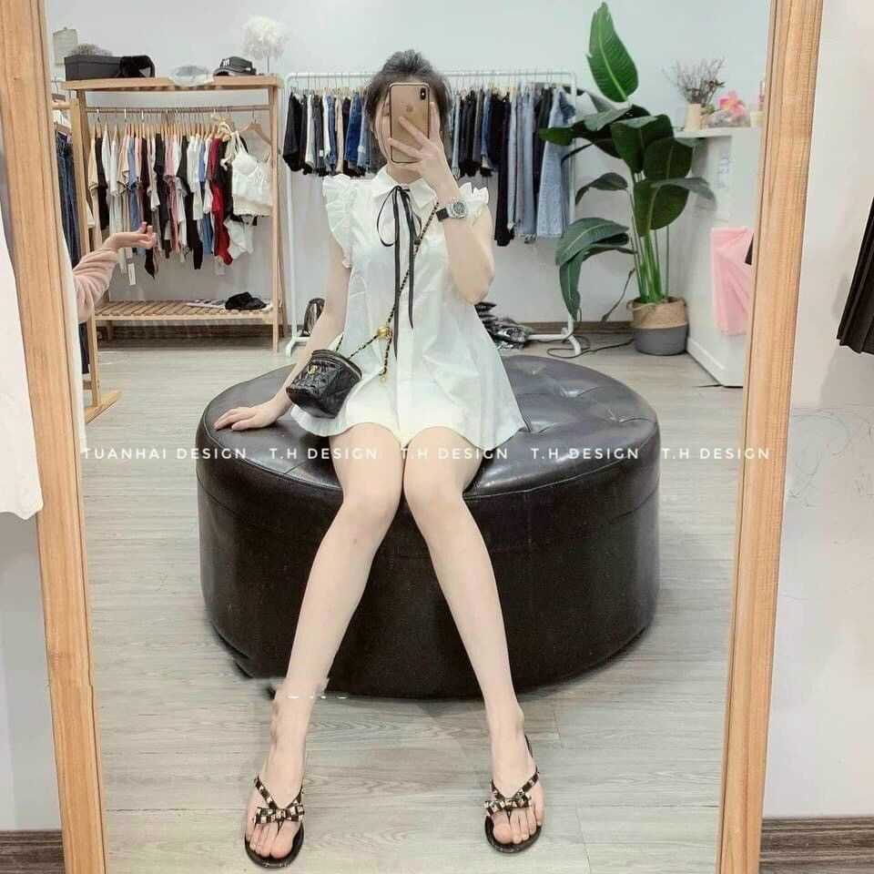 Áo sơ mi nơ nhỏ tiểu thư tay bèo sát nách cánh tiên fom rộng