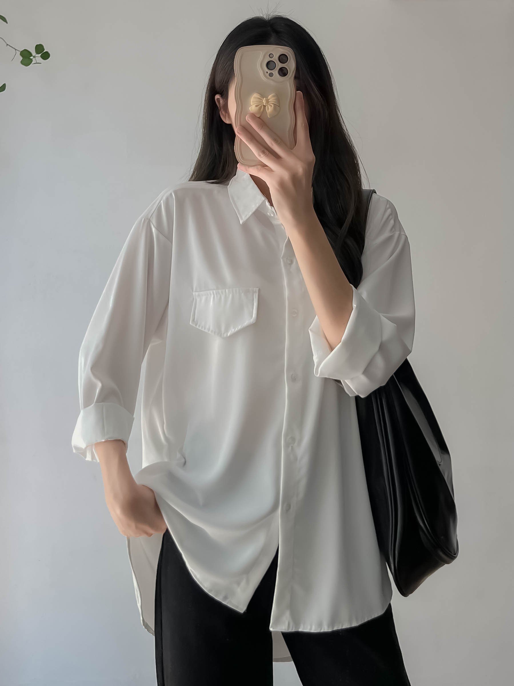 Áo sơ mi voan lụa dáng dài trơn basic - 247StoreFashion - SM00105
