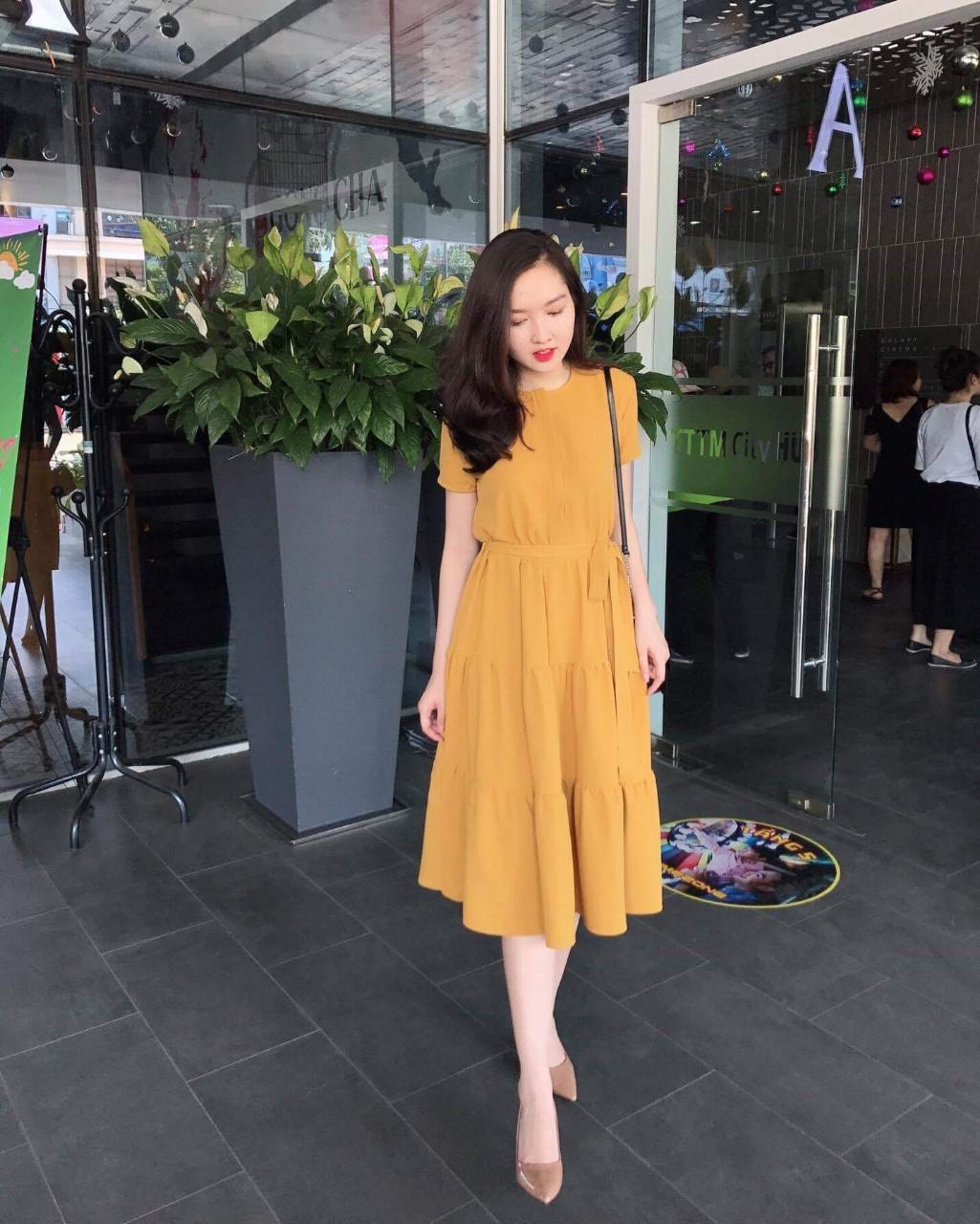Đầm nữ dạng tầng cột nơ ở eo chất kate lụa 4 màu hồng đỏ vàng trắng