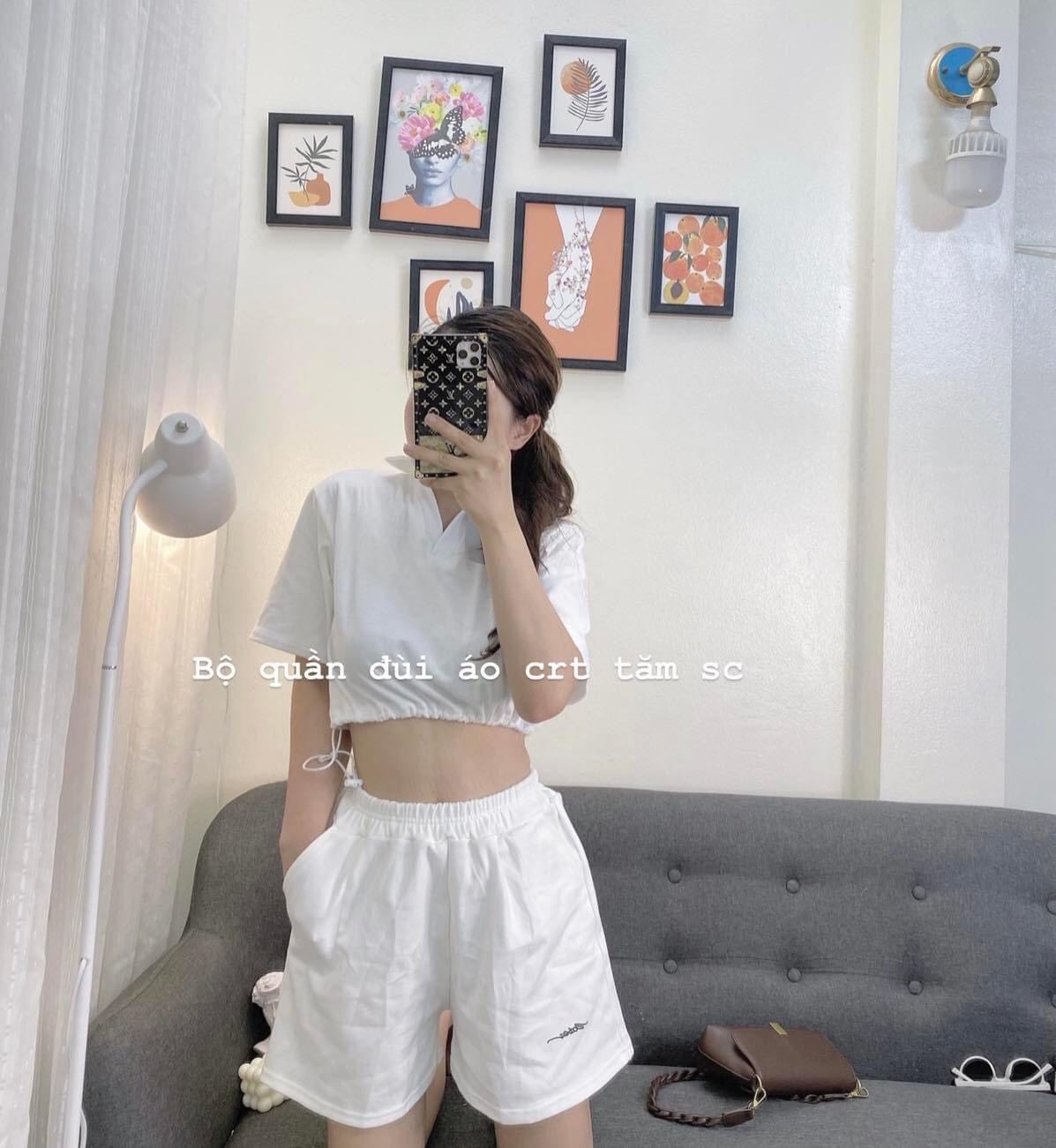 SÉT BỘ ÁO CROPTOP RÚT EO TAY LỬNG MIX QUẦN