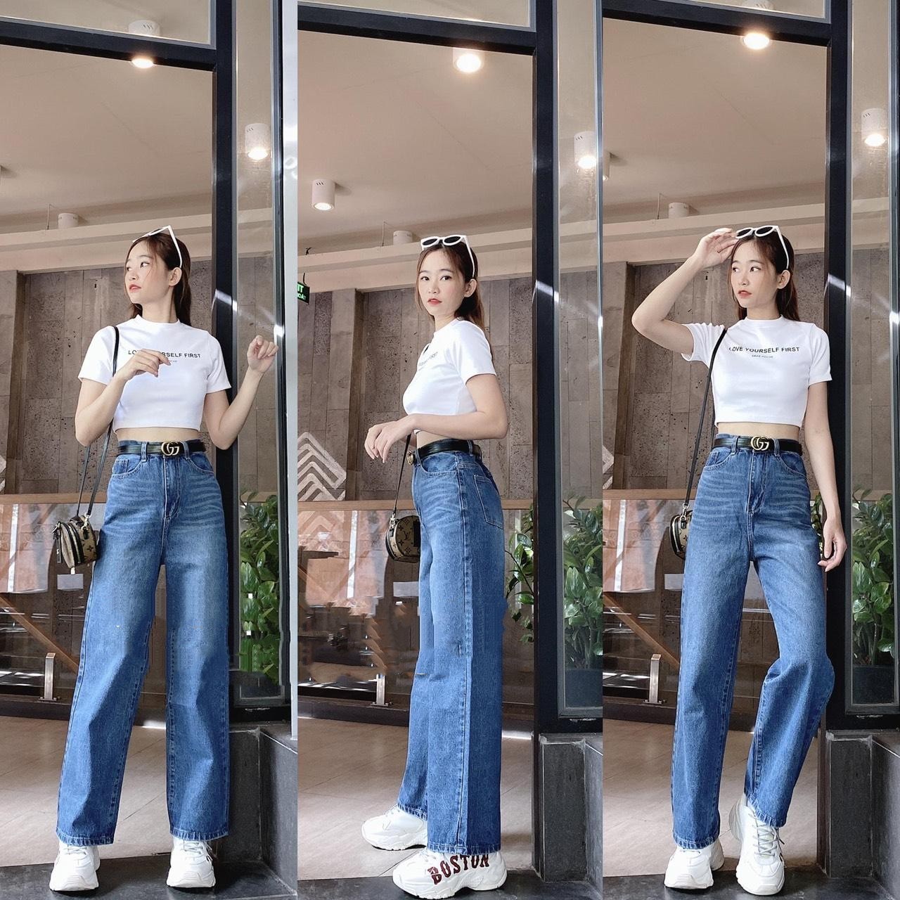 Quần jean nữ ống rộng dáng suôn dài xanh vân hách chân cực đỉnh vải jean đứng p1