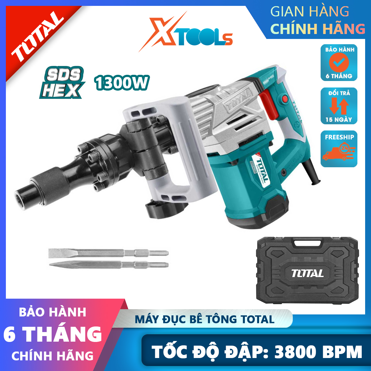 Punching machine concrete Total TH213006 | machine drill chisel power 1300W, speed beating 3800 BPM, force beating 20J screwdriver, perforated wall, concrete drilling