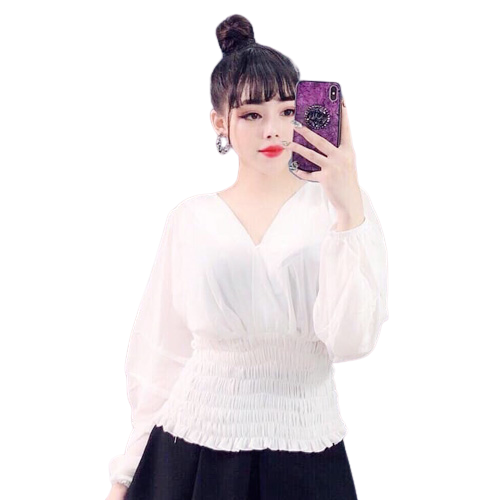 Áo Kiểu Nữ Nhún Éo Cổ V  Tay Dài Thời Trang Xuân Hè Phù Hợp Đi Làm Đi Học Đi Chơi Av52