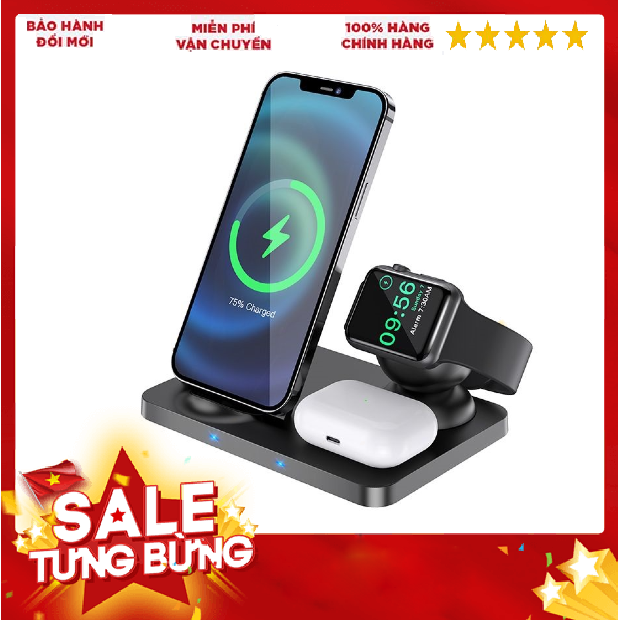 Đế sạc không dây 3in1 hoco cw33 sạc nhanh 15w cho các thiết bị điện thoại - dồng hồ - tai nghe