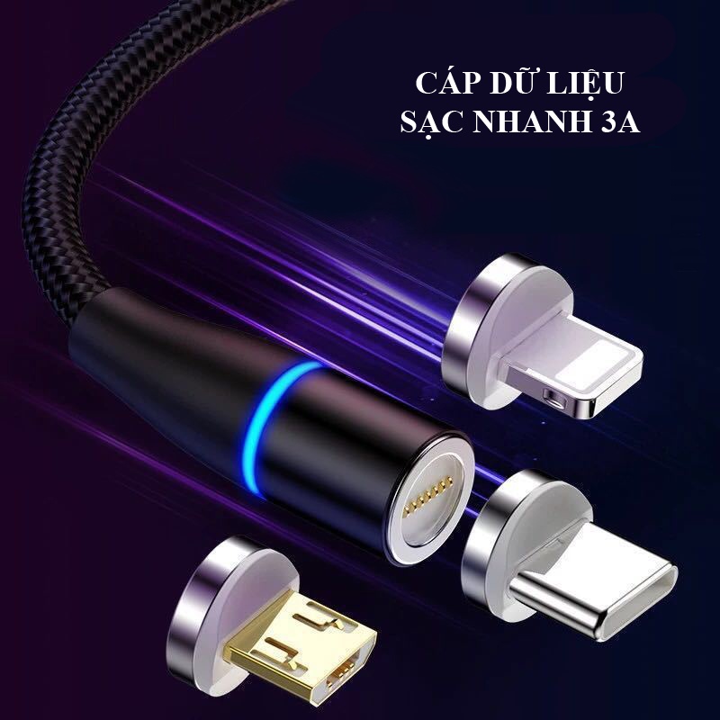 Cáp sạc nhanh nam châm 3 đầu xoay 360 độ có led cao cấp