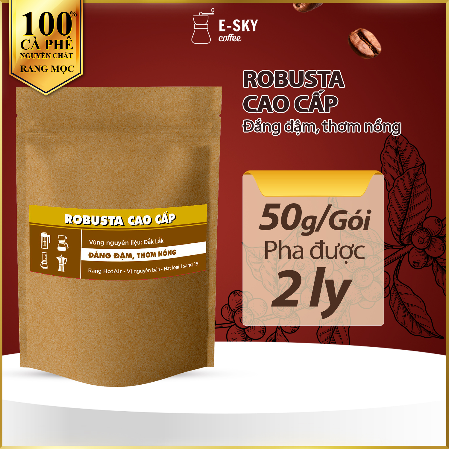 Mẫu Thử Cà Phê Rang Xay Nguyên Chất E-sky Coffee Cafe Pha Phin 50gr