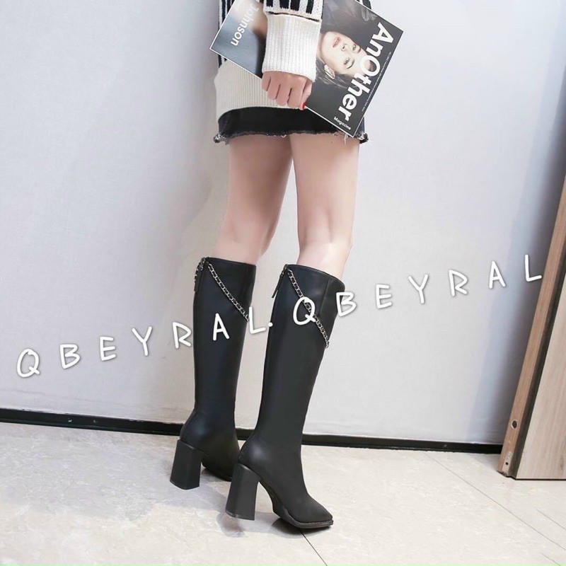 BOOT ĐÙI (Boot) da cao cấp gót vuông 9cm dây xích