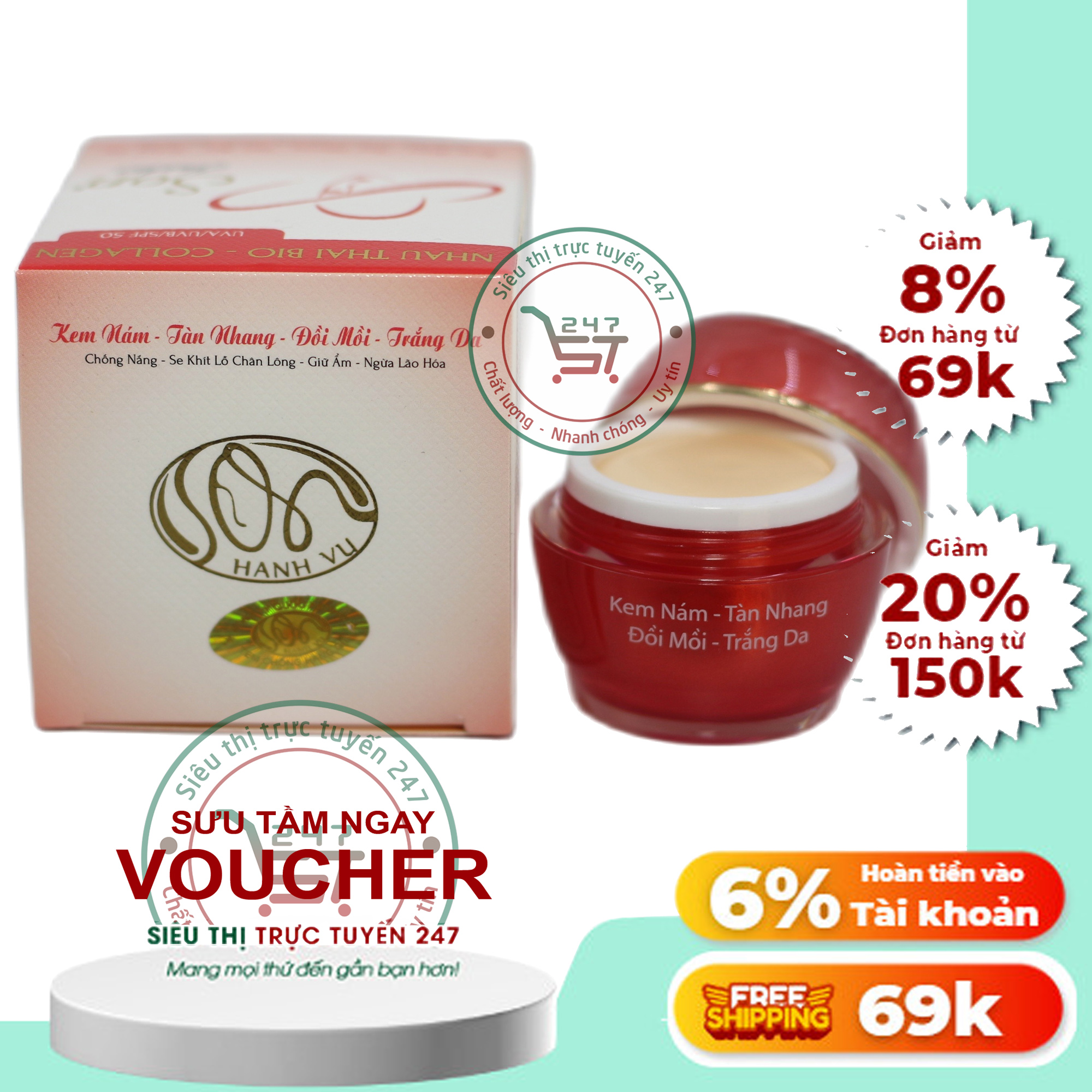 Kem Nám Tàn nhang Trắng da Đồi mồi Chống nắng Se khít lỗ chân lông Nhau thai cừu Collagen SON (Đỏ)