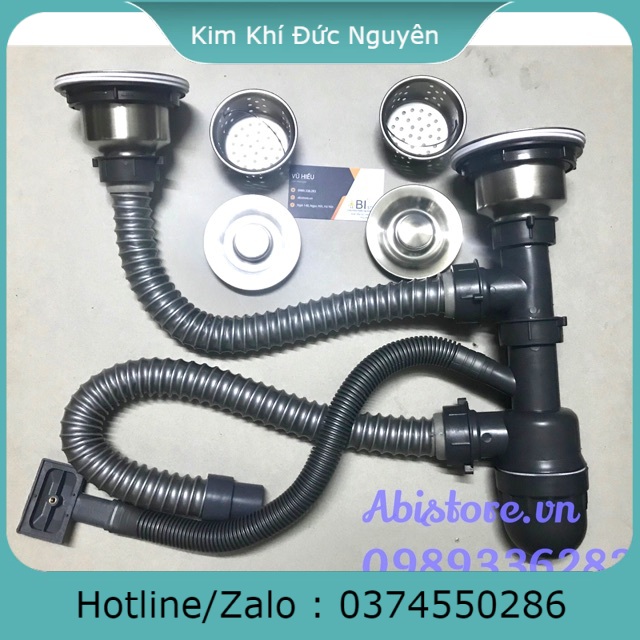 Xi phông chậu rửa bát đôi bầu inox, xi phông thoát nước bồn chậu rửa bát 2 hộc kim khí đức nguyên