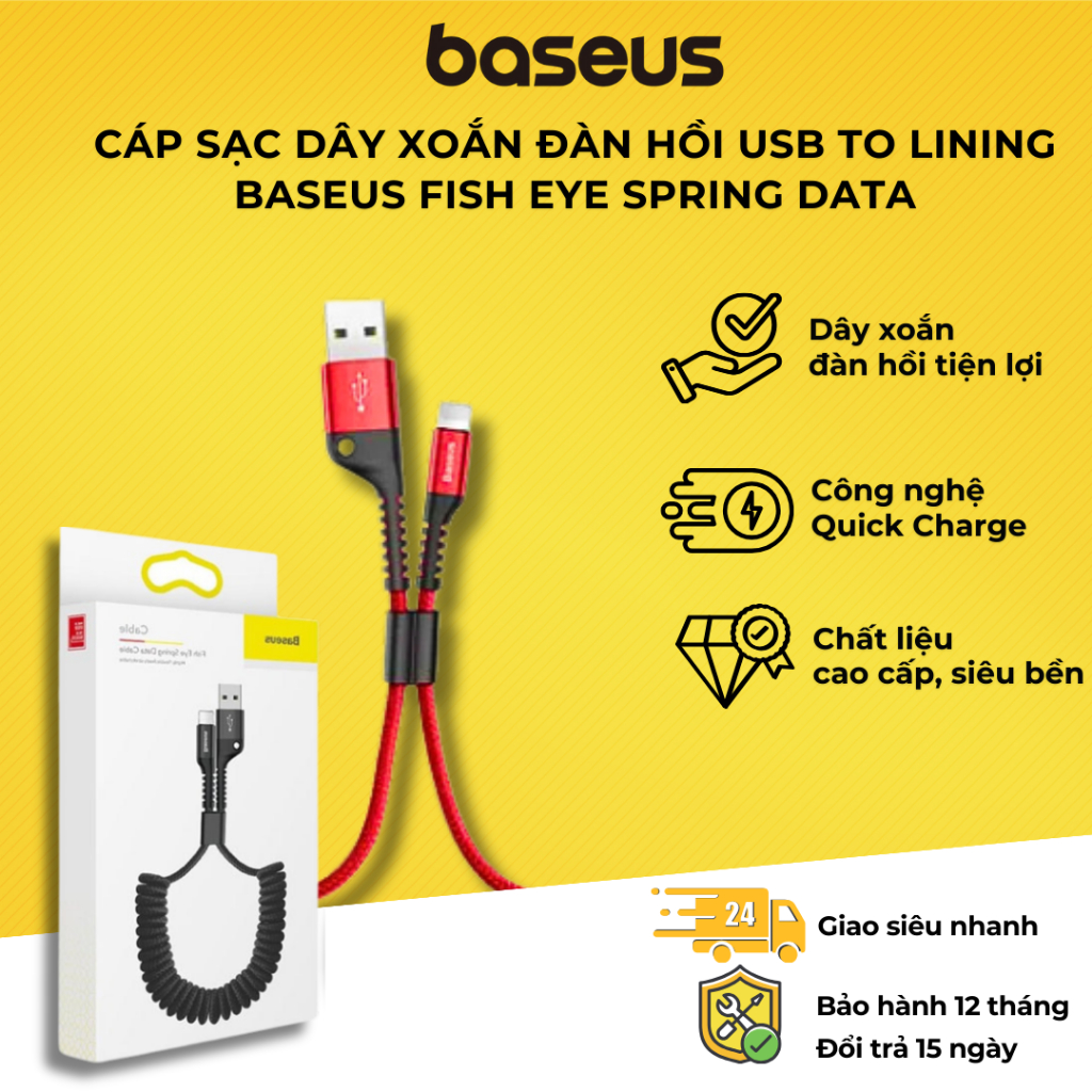 Cáp sạc Lightning dây xoắn đàn hồi Baseus Fish Eye Spring Data dùng cho iPhone / iPad (2A, 1M, Spring Fast Charging Data Lightning Cable)