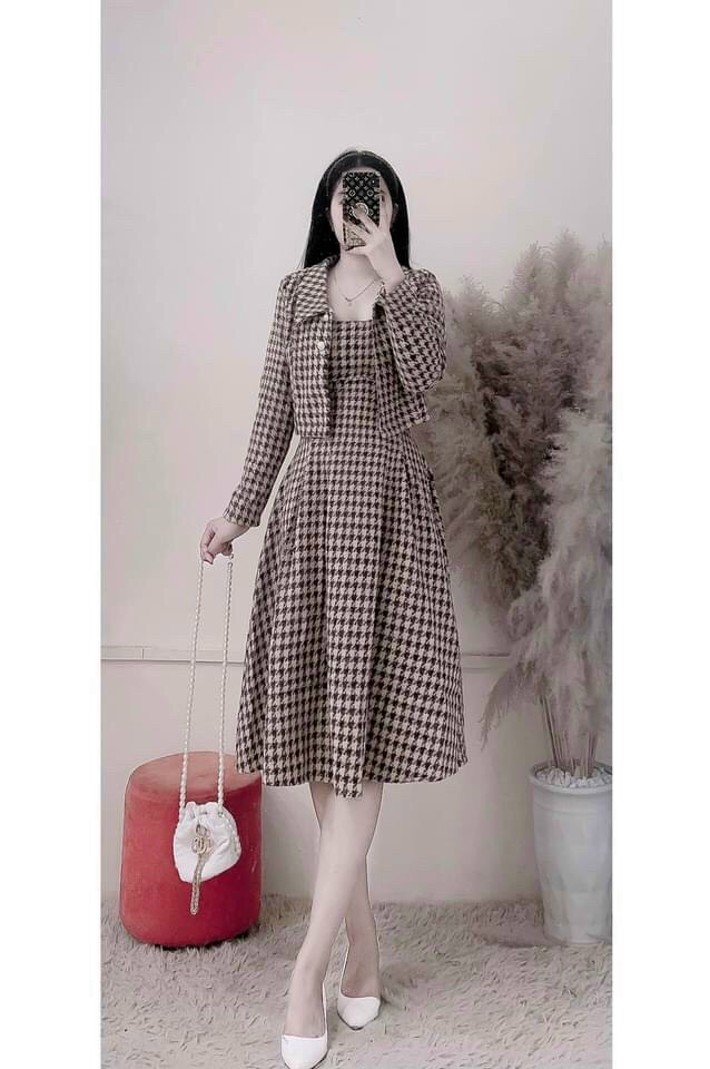 Sét đầm dài kèm áo khoác karo xinh lung linh lt