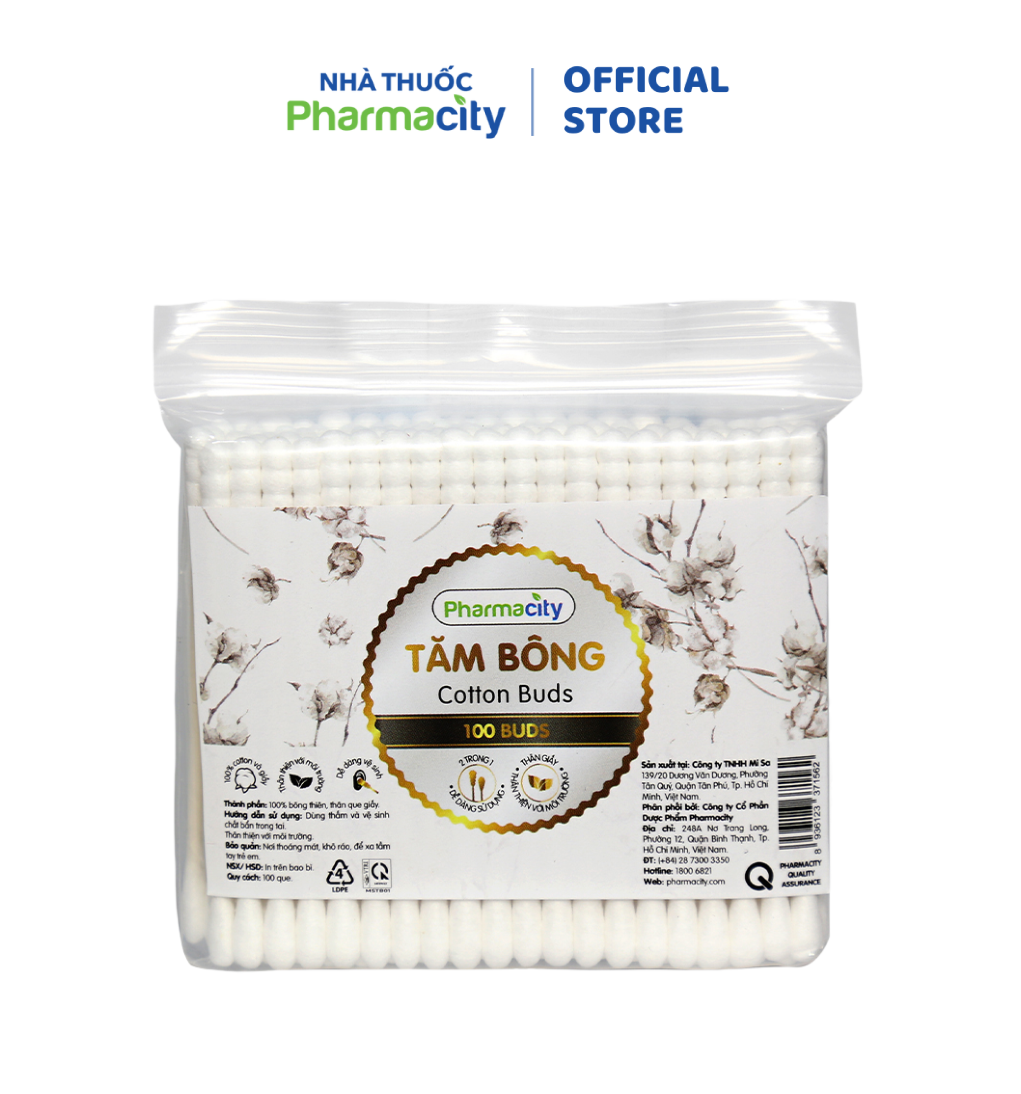 Tăm bông thân giấy Pharmacity (100 que/túi)