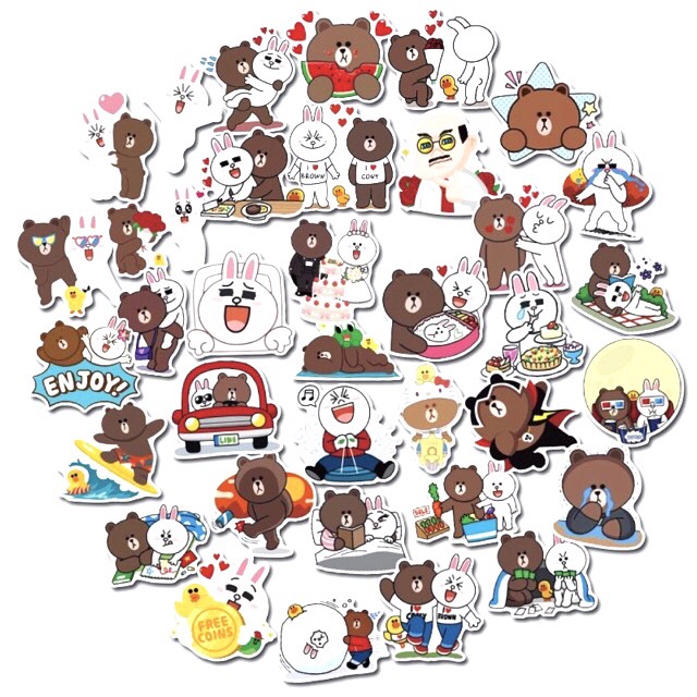 sticker Gấu Thỏ Line set 30 đến 100 Brown and Cony hình dán có ép lụa