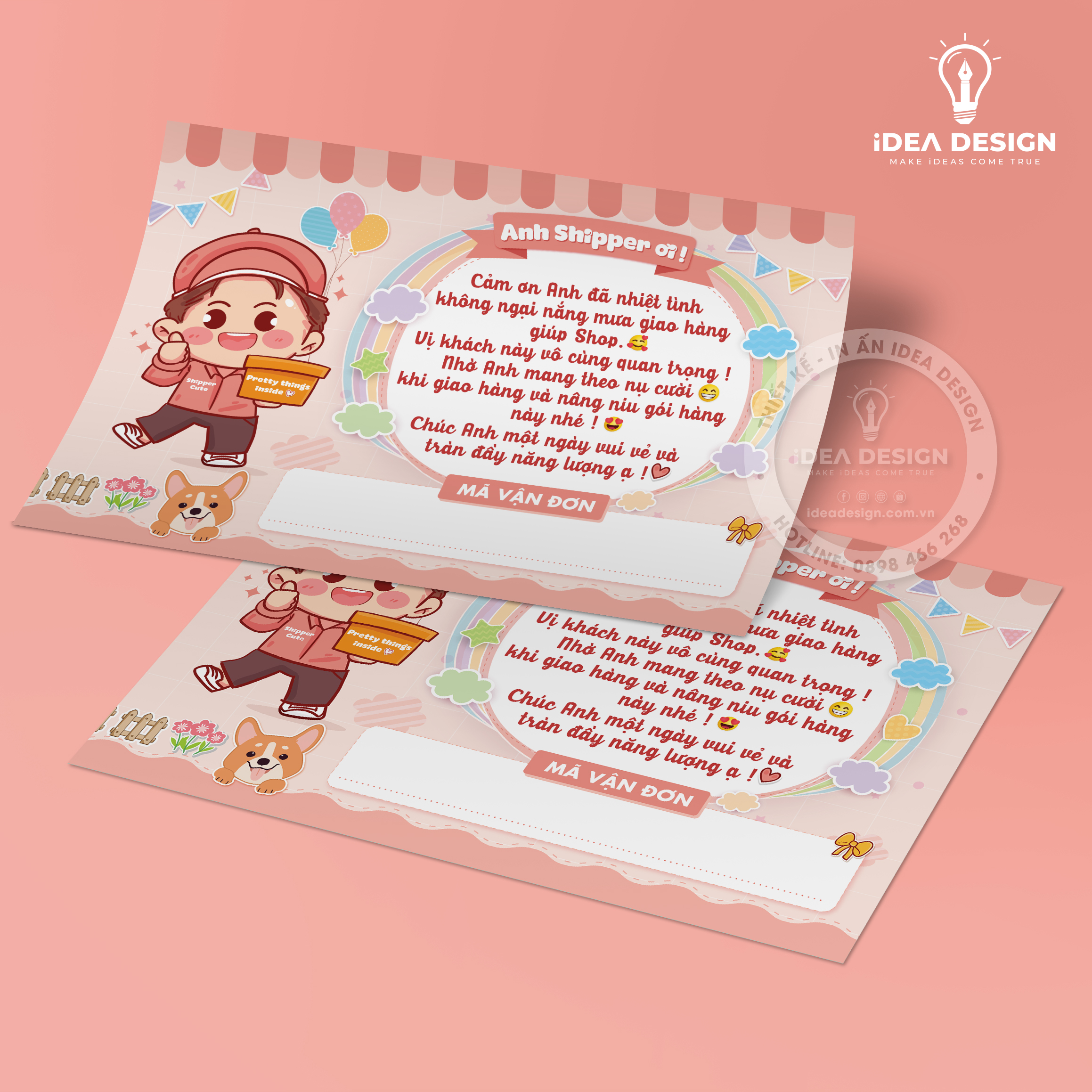 Decal Dán, Tem Nhãn Dán Cám Ơn Anh Shipper Có Ô Ghi Vận Đơn Và Keo Dính - Size 10x7cm Cán Màn Bóng, Chống Nước, Màu Cam Pastel