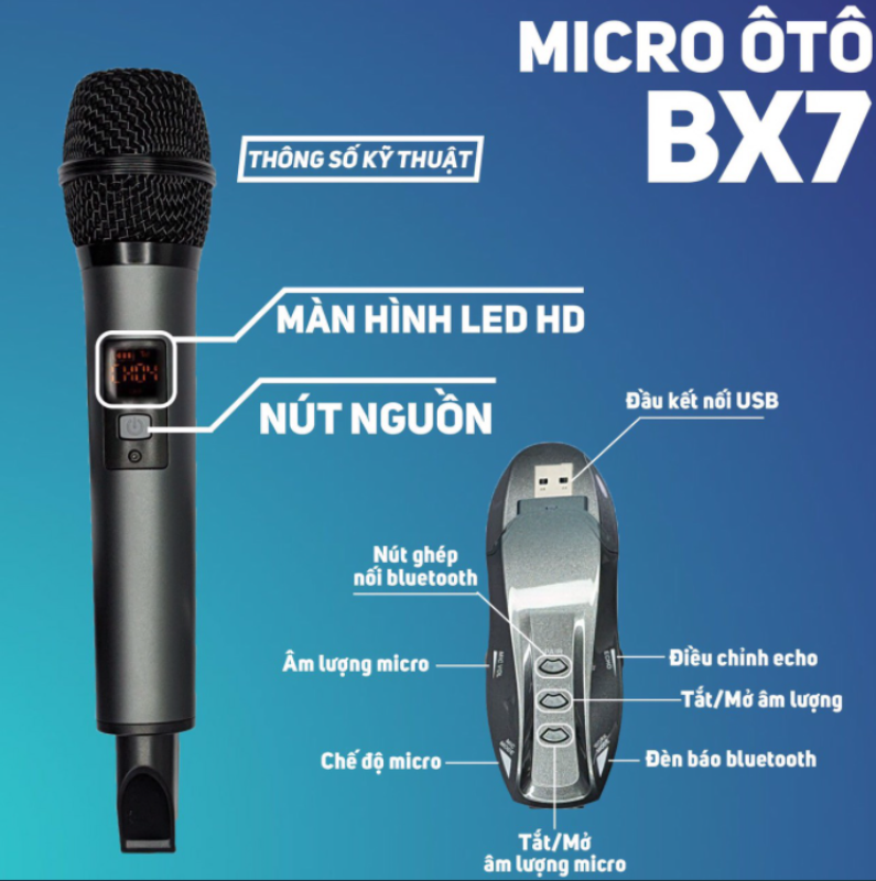 Micro karaoke Dành Cho Ôtô BX7 - Micro không dây đa năng cao cấp - Kết Nối Bluetooth, Chức Năng Lọc Âm Cực Tốt, Chống Hú, Chống Ồn Và Méo Tiếng Giúp Âm Thanh Phát Ra Trong Trẻo, Mượt Mà - Phù hợp nhiều loại thiết bị âm thanh.