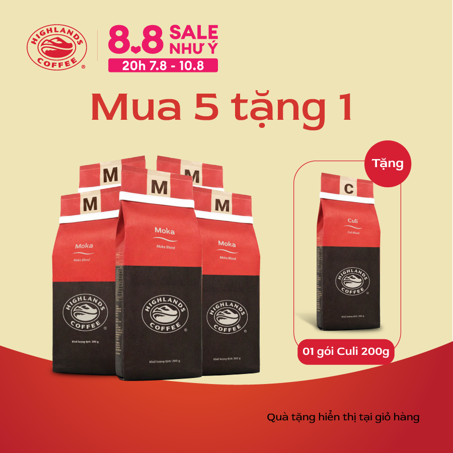 [Hot Deal: Mua 5 gói tặng 01 gói Moka 200g] Combo 5 Cà phê rang xay Moka Highlands Coffee 200g. Quà tặng (nếu có) hiển thị tại giỏ hàng.