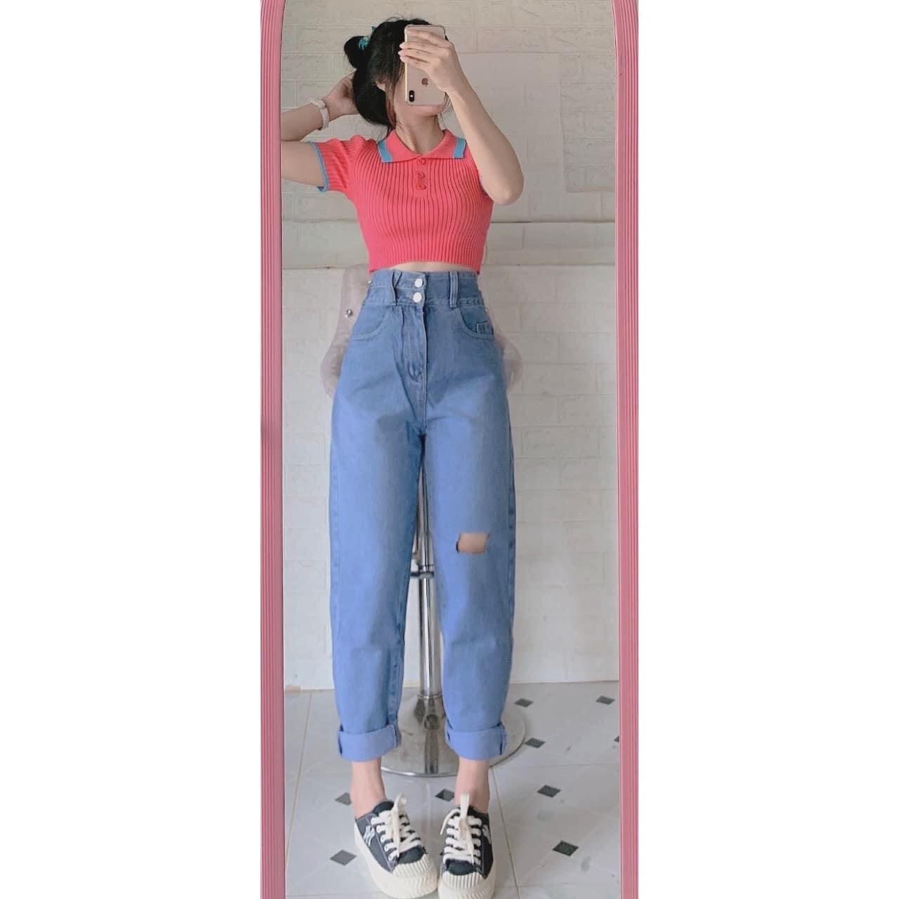 Set Baggy jeans 2 nút rách 1 ô + croptop petter phối viền
