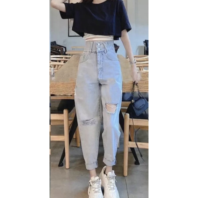 QUẦN BAGGY JEAN NỮ LƯNG CAO  LƯNG XẺ NỬA ĐĨA CHÉO RÁCH 2 GỐI TO SIÊU HOT HIT MAU XANH SIÊU PHONG CÁCH PINKY79SHOP J29