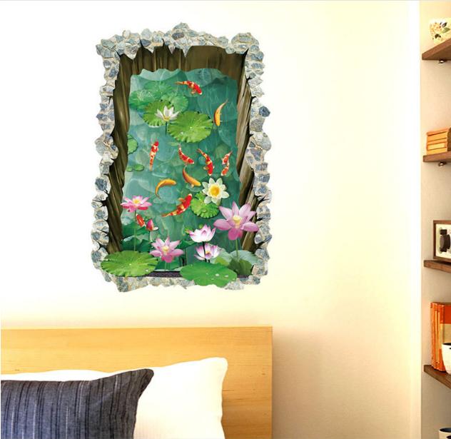 [HCM]Decal trang trí tường - Hồ Cá Vuông 3D mẫu 02