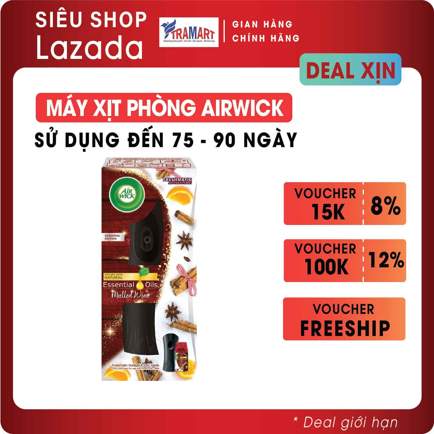 Máy xịt thơm phòng tự động Airwick AWK8541 Mulled Wine 250ml (Hương cam quế hồi)