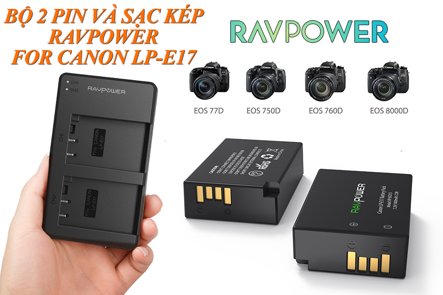Bộ 2 pin và sạc kép RAVPower LP-E17 RP-BC013 cho Canon EOS 77D, EOS 750D, EOS 760D, EOS 8000D, EOS M3, EOS M5, EOS M6 EOS RP