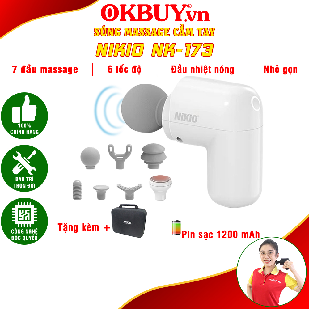Máy massage cầm tay, súng matxa cầm tay, súng massage cầm tay mini Nikio NK-173 - 7 loại đầu massage, 6 cường độ, tích hợp đầu nhiệt nóng - Chính Hãng