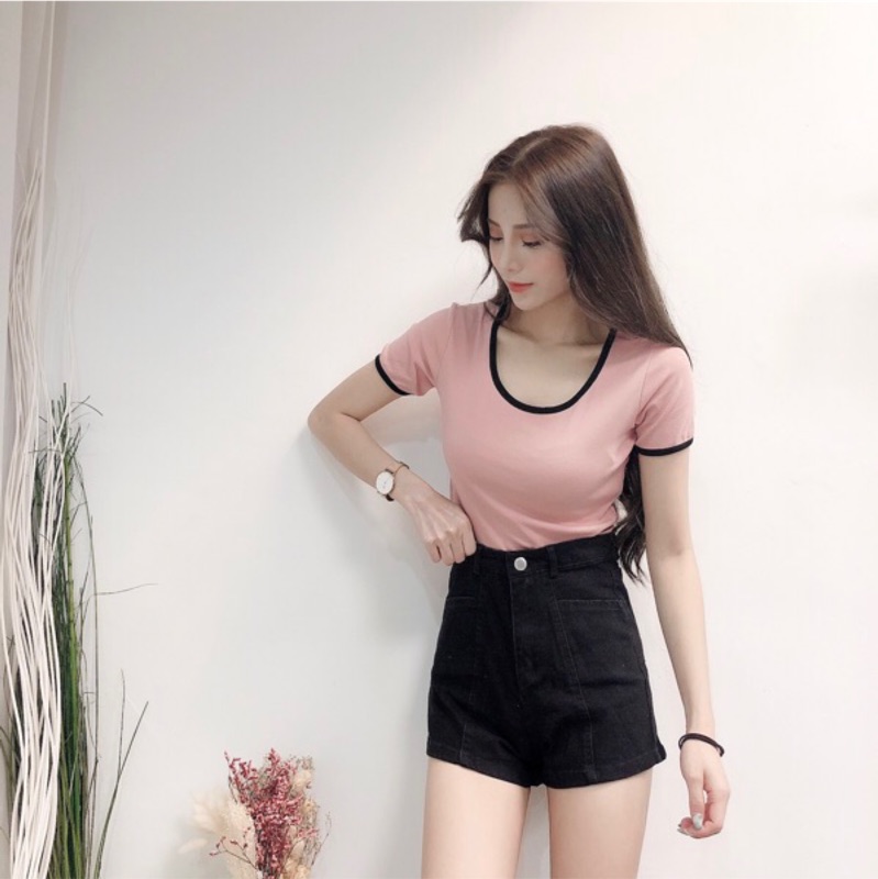 Áo thun nữ form body phối viền màu thời trang