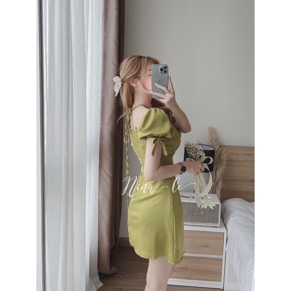 Váy tơ lụa cổ yếm nơ tay 2 màu siêu xinh