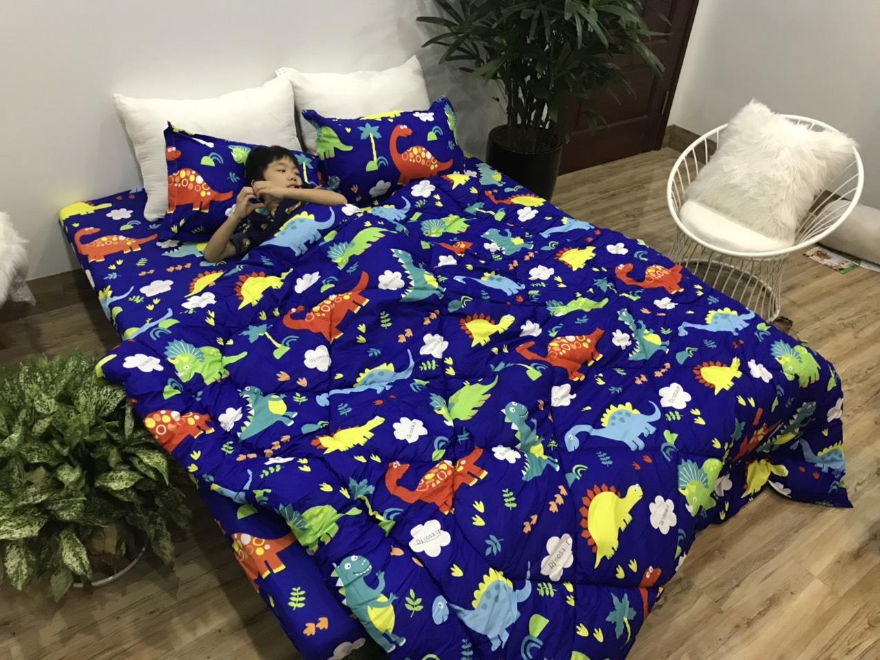 Set Ga Gối Cotton 3 Món Mẫu Khủng Long P20 ( gồm 1 ga + 2 vỏ gối )