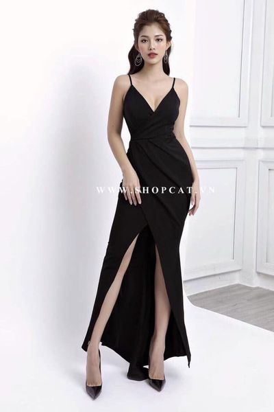 [HCM]Đầm dạ hội kiểu 2 dây cổ đỗ xẻ tà sang trọng