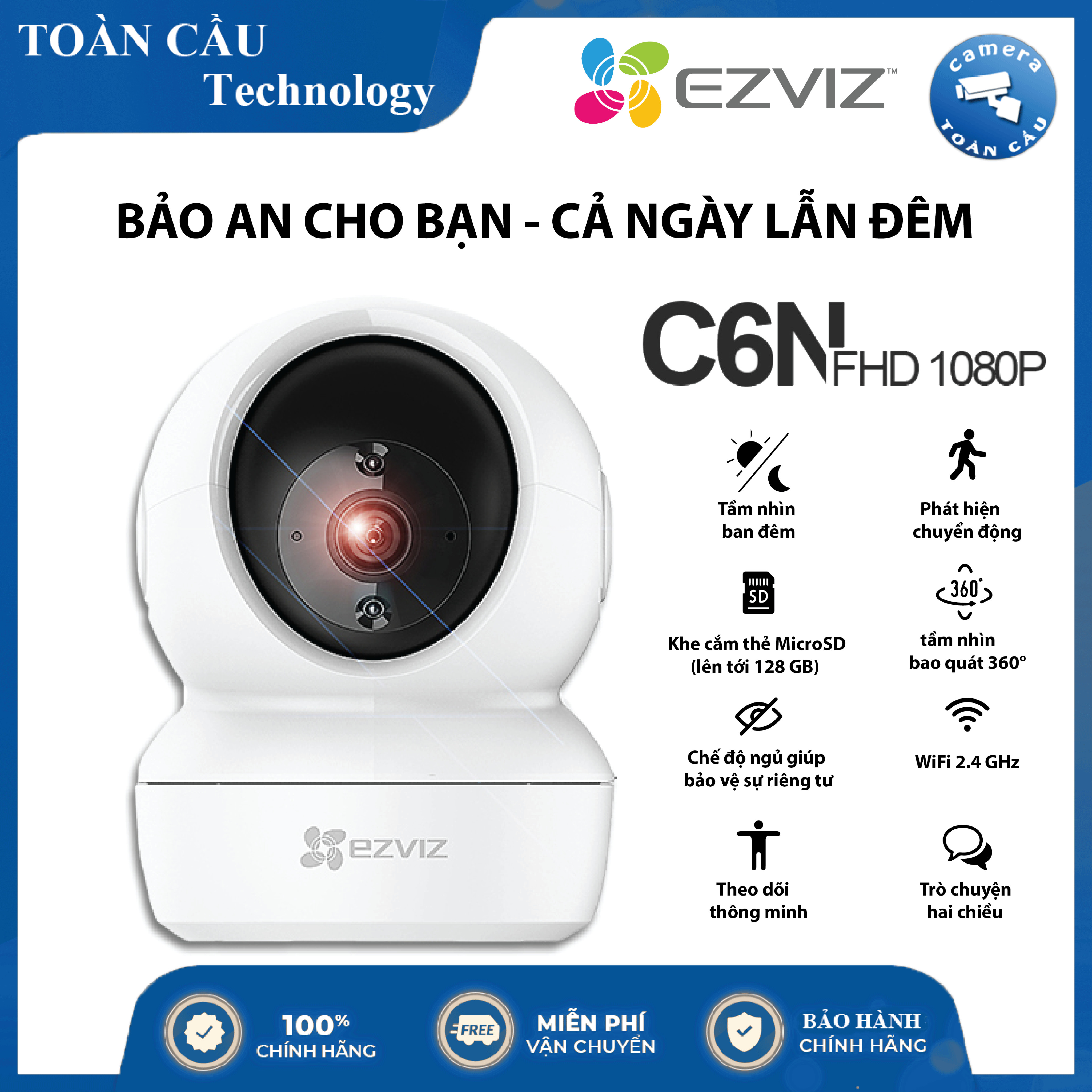 [ FREE SHIP ] Camera EZVIZ C6N 2mp 1080p trong nhà Wireless không dây, hồng ngoại ban đêm 10m, theo dõi thông minh , đàm thoại hai chiều, Báo động chuyển động thông minh egan BH HÃNG 24 THÁNG