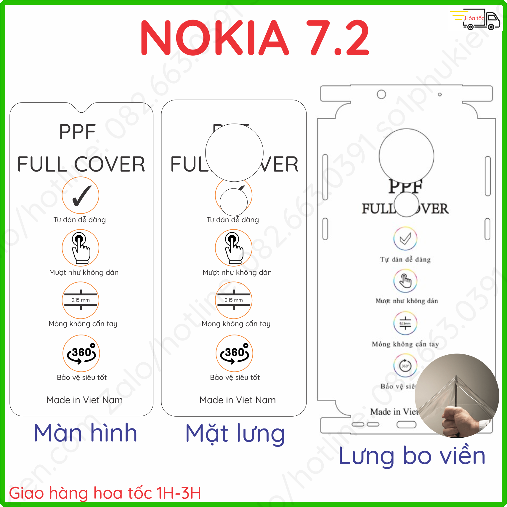 Dán PPF Nokia 7.2 loại trong, nhám dành cho màn hình, mặt lưng, full viền siêu bảo vệ