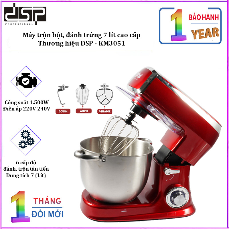 Máy trộn bột, đánh trứng 7 lít cao cấp nhãn hiệu DSP KM3051, công suất 1500W- hai màu chọn lựa: đen, đỏ (Bảo hành 12 tháng)