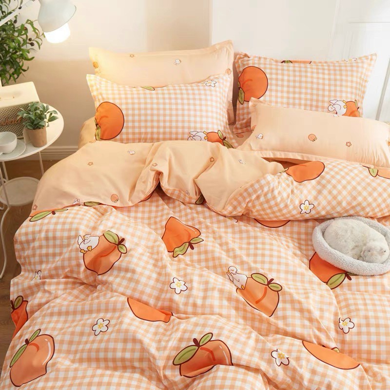 [ XẢ KHO ] SET 5 món Cotton Poly nhập khẩu (Cam Đào Caro )--- miễn phí bo chun drap ga giường