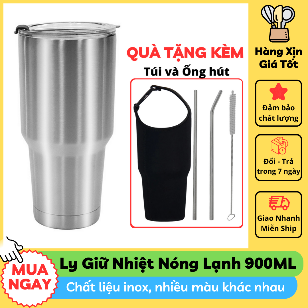 Ly giữ nhiệt inox Hàng Xịn Giá Tốt dung tích 900ml, màu bạc inox trơn, chất liệu inox 304, tặng kèm túi đựng, ống hút, nắp đậy