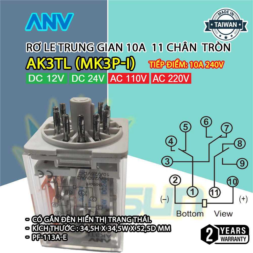 Relay rơ le trung gian anv 10a 8 chân 11 chân tròn