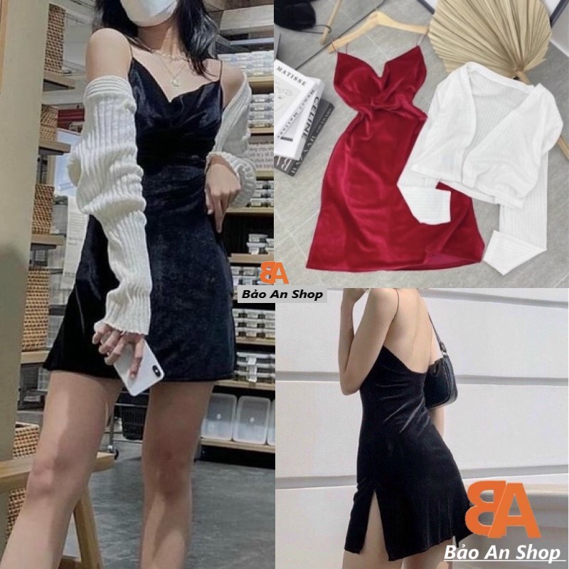 Sét Áo Khoác Gân + Đầm Nhung Dây (Có Mút Ngực)