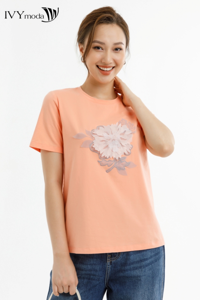 Áo thun đính hoa nổi IVY moda MS 57M7470