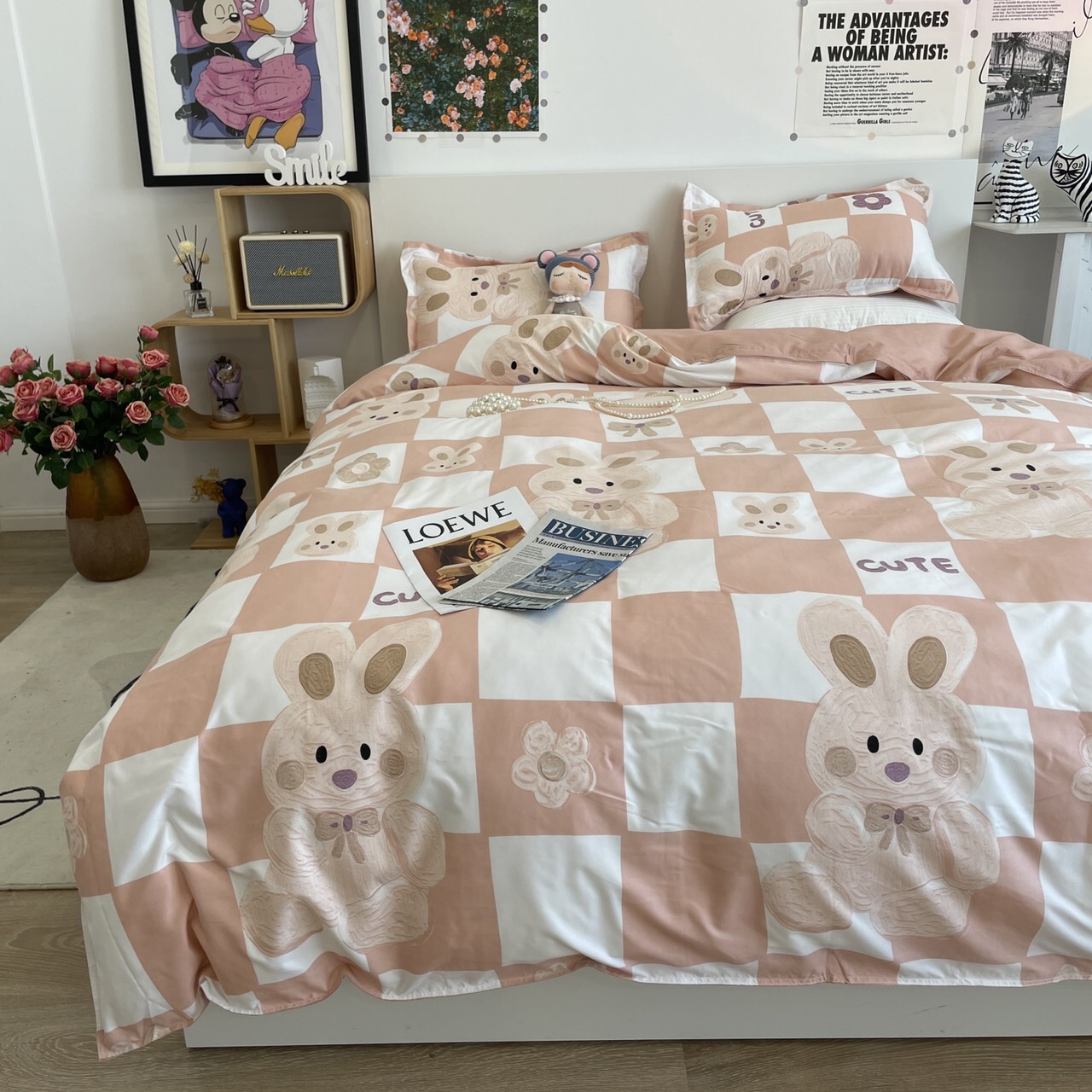 Bộ chăn ga gối cotton poly - Mẫu gấu hồng
