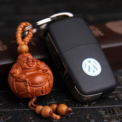 Móc Khóa Gỗ Thủ Công Khắc Hình Phật Di Lặc Bình An ( tròn )