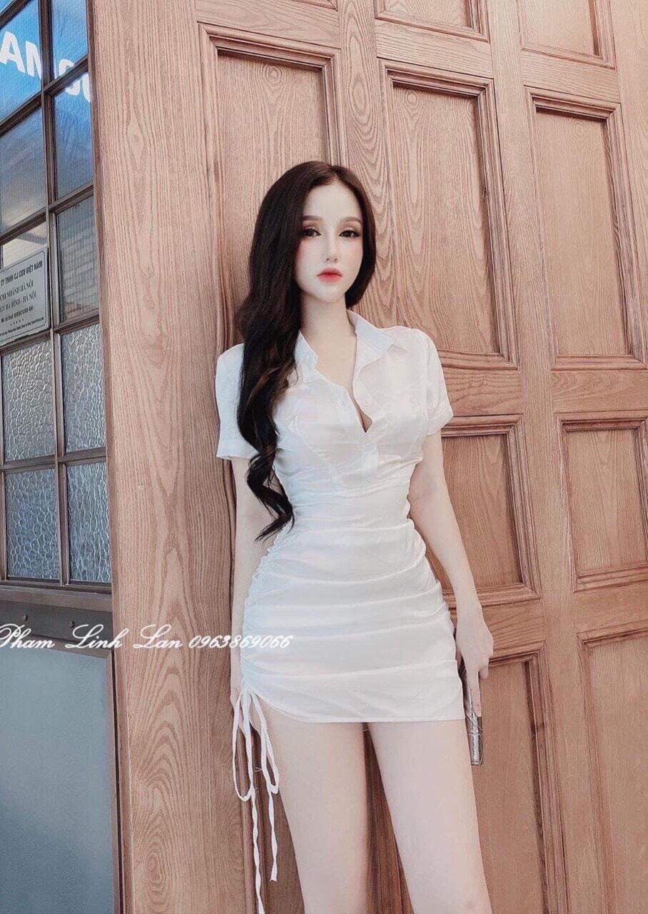 đầm nữ rút dây cổ sơ mi vải vải lụa satin